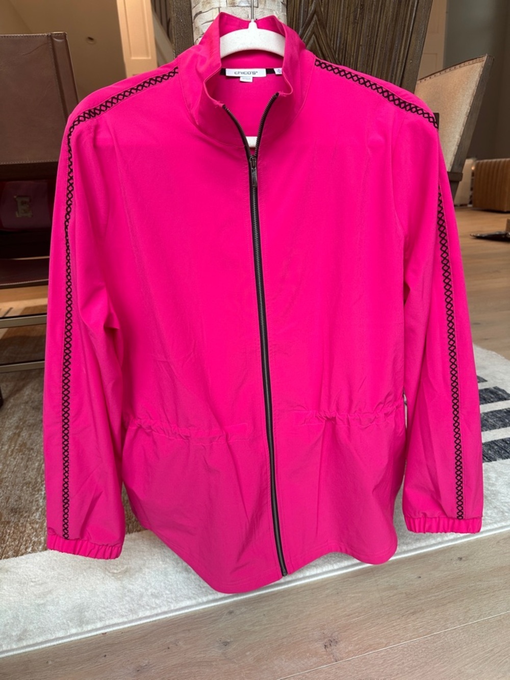 Chico's Hot Pink Zip-Front Bomber Jacket with Black Trim